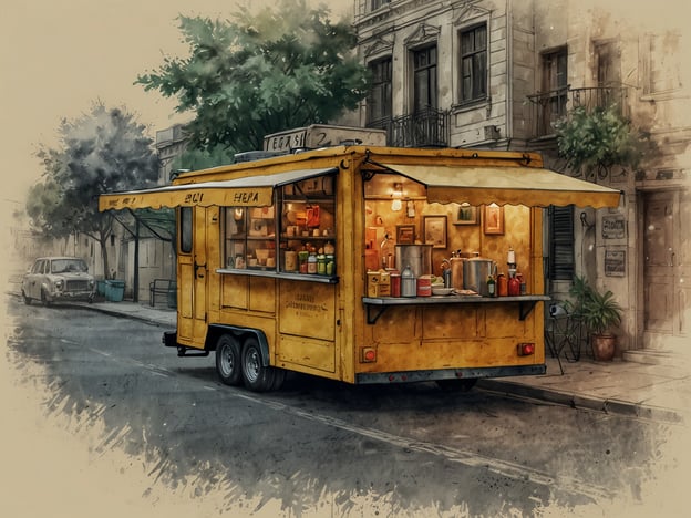 Auf dem Bild ist ein gelber Food Truck zu sehen, der in einer städtischen Umgebung geparkt ist. Solche Food Trucks sind oft bekannt für ihre kulinarischen Highlights. Je nach Region könnten sich hier Spezialitäten wie:
- **Tacos** aus Mexiko mit frischen Zutaten und scharfer Salsa.
- **Currywurst** aus Deutschland, serviert mit Brötchen und einer Auswahl an Saucen.
- **Crepes** aus Frankreich, süß oder herzhaft gefüllt mit verschiedenen Leckereien.
- **Döner** aus der Türkei, mit mariniertem Fleisch und frischem Gemüse.
Diese kulinarischen Köstlichkeiten machen Food Trucks zu beliebten Anlaufstellen für Feinschmecker und Vielfältigkeit in der Straßenküche.