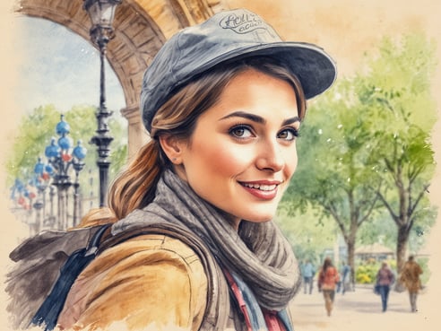 Eine junge Frau mit einem Lächeln trägt eine graue Kappe und einen Schal. Sie steht in einer lebhaften Außenszene mit Bäumen und Menschen im Hintergrund. Die Architektur im Hintergrund deutet auf eine europäische Straße hin, wobei bunte Laternen aufgestellt sind. Der Gesamteindruck vermittelt eine freundliche und einladende Atmosphäre.