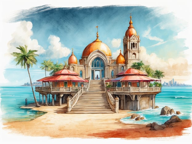 Auf dem Bild ist ein beeindruckendes Strandgebäude mit alternativen, goldenen Kuppeln zu sehen. Es liegt direkt am Wasser und wird von Palmen umgeben, was eine tropische Atmosphäre schafft. Die Architektur erinnert an orientalische oder exotische Stile, die durch die großen Fenster und den einzigartigen Turm ergänzt werden.Zu den Highlights gehören die breite Treppe, die zum Eingangsbereich führt, sowie die rotgedeckten Pavillons, die auf der Außenterrasse Platz bieten. Das klare Wasser und der feine Sandstrand laden zu Erholung und Aktivitäten am Meer ein. Die gesamte Szenerie strahlt einen einladenden und paradiesischen Charakter aus, ideal für einen Urlaubsort oder eine exotische Attraktion.