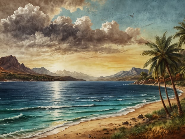Auf dem Bild ist eine malerische Küstenlandschaft zu sehen. Es zeigt einen ruhigen Strand mit sanften Wellen, Palmen und einem weiten Blick auf das Meer sowie Berge im Hintergrund. Der Himmel ist von einem warmen Licht erfüllt und es sind einige Wolken zu sehen, was eine friedliche und traumhafte Atmosphäre vermittelt.
Fazit: Wo möchtest du deinen Urlaub verbringen? Ich würde an einem solchen idyllischen Strand verbringen, um die Natur zu genießen und mich zu entspannen.
