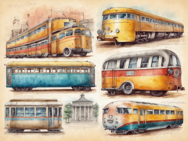 Auf dem Bild sind verschiedene historische Fahrzeuge abgebildet, darunter Züge und Straßenbahnen, die in einem künstlerischen Aquarellstil dargestellt sind. Oben links ist ein auffälliger gelb-orangefarbener Doppeldecker Zug zu sehen, während sich darunter eine blaue Straßenbahn befindet. Rechts davon steht ein gelb lackierter Personenwagen. Unten links ist eine weitere Straßenbahn mit einem hellen Design abgebildet, daneben eine nostalgische Fahrzeugansicht mit einer Architekturansicht im Hintergrund. Ganz unten rechts erscheint ein weiteres passagierfreundliches Fahrzeug in leuchtenden Farben. Die gesamte Komposition zeigt eine Vielfalt an Transportmitteln aus vergangenen Zeiten.