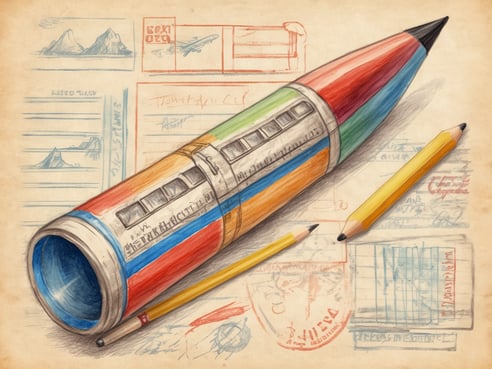 Ein bunter Bleistift in Form eines Kugelschreibers liegt auf einer leicht strukturierten, alten Papiervorlage. Im Hintergrund sind verschiedene skizzenhafte Zeichnungen von Bergen, Flugzeugen und Postkarten sichtbar. Neben dem Bleistift liegen zwei weitere Bleistifte, ein gelber und ein handgefertigter, die das kreative Thema unterstreichen. Die gesamte Komposition vermittelt ein Gefühl von Reise und Abenteuer.