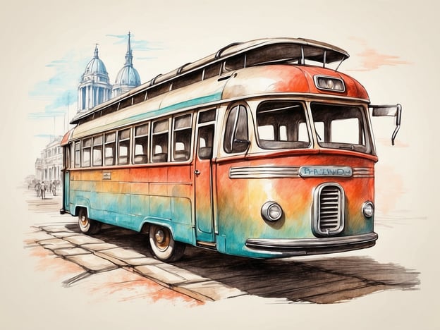 Auf dem Bild ist ein bunter, vintage Straßenbus zu sehen, der auf einer Straße steht. Im Hintergrund sind markante Gebäude und Kuppeln zu erkennen, die auf eine städtische Umgebung hinweisen.Dieser Bus könnte Teil eines besonderen Events oder Programms sein, wie zum Beispiel einer Stadtführung oder einem Oldtimer-Treffen. Solche Veranstaltungen bieten oft eine nostalgische Atmosphäre und ermöglichen es den Teilnehmern, die Stadt auf eine einzigartige Weise zu erkunden. Zudem könnte der Bus bei Festivals oder kulturellen Veranstaltungen eingesetzt werden, um eine Verbindung zur Geschichte oder zu einem bestimmten Thema herzustellen.