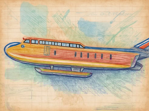 Ein buntes Gemälde eines Flugzeugs in orange, rot und blau, das auf einem beige Hintergrund mit leichten Farbspritzern und Linien dargestellt ist. Die Darstellung sieht skizzenhaft aus und zeigt das Flugzeug seitlich, als ob es in der Luft schwebt. Der künstlerische Stil vermittelt eine nostalgische Atmosphäre, die gut zu Themen wie Reisestornierung und Verlust von Reiseplänen passt.