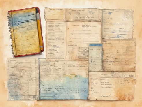 Auf dem Bild sind verschiedene Reiseunterlagen zu sehen, die auf einem beige-gefärbten Hintergrund angeordnet sind. In der oberen linken Ecke liegt ein Notizbuch mit einem roten Einband und einem Bleistift. Mehrere Zettel und Formulare im Vintage-Stil sind um das Notizbuch herum verteilt. Diese enthalten handschriftliche Notizen sowie gedruckte Informationen, die an den Rändern etwas vergilbt und abgenutzt wirken. Die gesamte Komposition vermittelt einen Nachgeschmack von alten Reisen und Dokumenten.