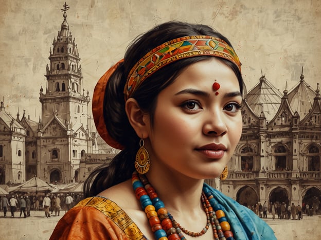 Auf dem Bild ist eine Frau zu sehen, die traditionelle indische Kleidung trägt, geprägt von lebendigen Farben und kunstvollen Schmuckstücken. Besonders auffällig ist der auffällige Bindi auf ihrer Stirn, der oft mit der hinduistischen Kultur assoziiert wird. Im Hintergrund erkennt man architektonische Details, die möglicherweise auf historische indische Baukunst hinweisen, wie sie in vielen Tempeln oder alten Märkten zu finden ist.Diese Darstellung könnte die reichhaltige kulturelle Vielfalt Indiens symbolisieren. Die bunten Perlen und die kunstvolle Textilgestaltung sind typisch für viele regionale Feste, bei denen die Menschen ihre Kultur durch Trachten und Schmuck zum Ausdruck bringen. Solche Bilder wecken Erinnerungen an lebendige Feste, wie das Diwali-Fest oder Hochzeitszeremonien, bei denen Farben und Traditionen eine zentrale Rolle spielen.Die dargestellte Szene vermittelt ein Gefühl von Gemeinschaft und kulturellem Erbe, das in vielen indischen Städten lebendig gehalten wird.
