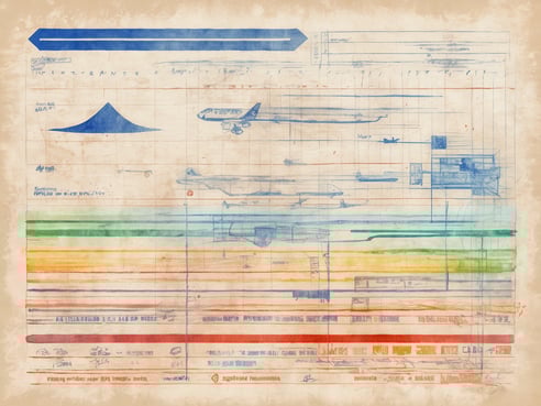 Auf dem Bild sind schematische Darstellungen von Flugzeugen und einer Landschaft in verschiedenen Farben zu sehen. Die Zeichnungen sind detailliert und wirken wie technische Skizzen oder Pläne. Es gibt Linien, die die Bewegung von Flugzeugen andeuten, sowie horizontale Farbverläufe, die an Himmel oder Erdoberflächen erinnern. Die gesamte Komposition vermittelt ein Gefühl von Reisewarnung oder Luftfahrt, möglicherweise im Kontext von Reisen oder Luftverkehr.