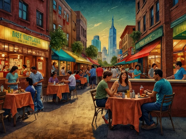 Auf dem Bild ist eine lebendige Straßenszene mit Menschen zu sehen, die an Tischen im Freien sitzen und essen. Es erinnert an eine belebte Restaurantstraße, die kulturelle Vielfalt und Geselligkeit ausstrahlt.
In Toronto gibt es ähnliche Orte, wie das Kensington Market, bekannt für seine bunten Märkte und internationalen Essensstände, wo man verschiedene Küchen genießen kann. Auch die St. Lawrence Market ist berühmt für ihre vielseitigen Essensangebote und lokale Produkte. Ein weiteres Highlight ist die Distillery District, wo historische Gebäude Restaurants und Boutiquen beherbergen, was eine einladende Atmosphäre schafft. Solche Orte sind typisch für die kulturelle Vielfalt und das Gemeinschaftsgefühl, das Toronto bietet.