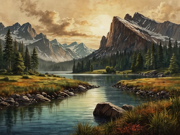 Das Bild zeigt eine malerische Landschaft, die typisch für das Yukon-Gebiet ist. Im Vordergrund verläuft ein ruhiger Fluss, umgeben von üppigem Grün und Felsen. Im Hintergrund erheben sich majestätische Berge, die wahrscheinlich mit Schnee bedeckt sind. Die Atmosphäre wird durch ein warmes Licht verstärkt, das anscheinend von einem Sonnenuntergang oder -aufgang stammt, und schafft eine friedliche Szenerie.
Das Yukon-Gebiet, bekannt für seine atemberaubenden Landschaften und unberührte Natur, bietet zahlreiche Möglichkeiten für Outdoor-Aktivitäten wie Wandern, Angeln und Wildbeobachtung. Die Region beherbergt auch eine Vielzahl von Tierarten und ist ein beliebtes Ziel für Naturliebhaber und Abenteurer.