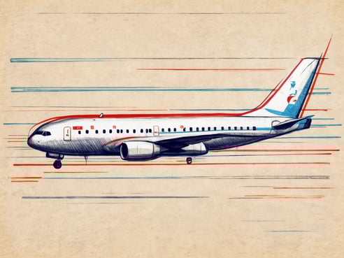 Ein Flugzeug wird seitlich mit einem skizzierenden Effekt dargestellt, das auf einer beige Hintergrundfläche in Bewegung scheint. Die Konturen des Flugzeugs sind in helleren und dunkleren Farbtönen betont, während farbige Linien in Blau und Rot hinter dem Flugzeug zu sehen sind, die Geschwindigkeit suggerieren. Das Flugzeug selbst hat eine charakteristische Form mit einer rot-weißen Farbgebung.