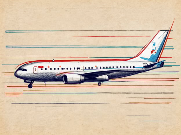 Ein Flugzeug wird seitlich mit einem skizzierenden Effekt dargestellt, das auf einer beige Hintergrundfläche in Bewegung scheint. Die Konturen des Flugzeugs sind in helleren und dunkleren Farbtönen betont, während farbige Linien in Blau und Rot hinter dem Flugzeug zu sehen sind, die Geschwindigkeit suggerieren. Das Flugzeug selbst hat eine charakteristische Form mit einer rot-weißen Farbgebung.