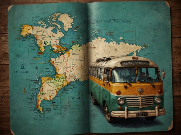 Auf dem Bild ist eine alte Karte der Welt zu sehen, die in einem Buch aufgeklappt ist, zusammen mit einem klassischen Linienbus, der möglicherweise für Reisen in abgelegene Gebiete oder für Sightseeing-Touren verwendet wurde.
### Praktische Tipps für die Reiseplanung:
1. **Reiseroute festlegen**: Nutzen Sie die Karte, um eine Route zu planen. Markieren Sie Sehenswürdigkeiten und interessante Stopps.
2. **Transportsystem**: Überlegen Sie, ob Sie mit dem Bus, Auto oder Zug reisen möchten. Ein klassischer Bus bietet möglicherweise ein nostalgisches Erlebnis und ermöglicht es Ihnen, Land und Leute besser kennenzulernen.
3. **Unterkünfte buchen**: Suchen Sie nach Unterkünften entlang Ihrer Route. Berücksichtigen Sie verschiedene Optionen wie Hostels, Hotels oder Campingplätze.
4. **Essenspausen einplanen**: Informieren Sie sich über lokale Restaurants oder Märkte, um das regionale Essen zu genießen und sich mit Einheimischen auszutauschen.
5. **Packliste erstellen**: Denken Sie an das Wetter und die Aktivitäten, die Sie planen. Stellen Sie sicher, dass Sie nötige Ausrüstung, persönliche Dinge und komfortable Kleidung einpacken.
6. **Reise sicherheitsvorkehrungen**: Achten Sie auf aktuelle Reisehinweise und informieren Sie sich über sicherheitsrelevante Aspekte der Regionen, die Sie besuchen möchten.
Mit diesen Tipps können Sie Ihre Reise optimal gestalten und unvergessliche Erlebnisse sammeln!