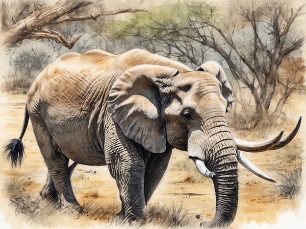 Ein majestätischer Elefant bewegt sich durch eine savannenähnliche Landschaft. Der Elefant hat große, sacht geschwungene Ohren und markante Stoßzähne. Die Umgebung besteht aus trockener Erde, spärlichem Gras und vereinzelten, kargen Bäumen, die im Hintergrund erkennbar sind. Das Bild vermittelt das Gefühl einer Safari und zeigt die natürliche Schönheit der Tierwelt.