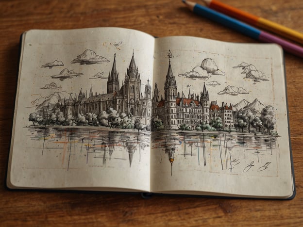 Auf dem Bild ist eine Zeichnung eines imposanten Gebäudes zu sehen, wahrscheinlich einer Burg oder Kirche, die von Wasser umgeben ist. Es könnte sich um eine Sehenswürdigkeit in einer europäischen Stadt handeln.### Reiseplanung und Tipps für Besucher:1. **Sehenswürdigkeiten**: Prüfen Sie, ob das abgebildete Gebäude eine beliebte Touristenattraktion ist. Informieren Sie sich über die Geschichte und wichtige Informationen dazu.2. **Anreise**: Überlegen Sie, wie Sie am besten dorthin gelangen. Gibt es öffentliche Verkehrsmittel, die Sie in die Nähe bringen?3. **Öffnungszeiten**: Informieren Sie sich über die Öffnungszeiten des Gebäudes, um sicherzustellen, dass Sie genug Zeit haben, es zu besichtigen.4. **Führungen**: Viele Sehenswürdigkeiten bieten Führungen an, die tiefere Einblicke in die Geschichte und Architektur geben.5. **Fotomöglichkeiten**: Finden Sie die besten Plätze für Fotos, um die Schönheit der Umgebung festzuhalten.6. **Essen und Trinken**: Erkunden Sie lokale Restaurants oder Cafés in der Nähe, um die regionale Küche zu probieren.7. **Wettervorhersage**: Überprüfen Sie die Wetterbedingungen für Ihren Besuchstag – je nach Wetter kann es nützlich sein, einen Regenschirm oder Sonnencreme mitzunehmen.Diese Tipps helfen Ihnen, Ihren Besuch optimal zu planen und die schönste Zeit an diesem Ort zu haben!