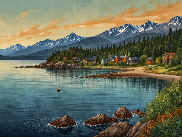 Das Bild zeigt eine malerische Küstenlandschaft, die an Vancouver Island erinnert. Im Vordergrund sieht man ruhiges Wasser, das die Umgebung widerspiegelt, sowie einige Felsen, die aus dem Wasser ragen.Im Hintergrund erheben sich majestätische Berge, teilweise mit Schnee bedeckt, was auf eine beeindruckende Berglandschaft hinweist. Entlang der Küste sind gemütliche, bunte Häuser zu sehen, die sich harmonisch in die Natur einfügen. Die Szenerie zeigt eine friedliche, einladende Atmosphäre, ideal für Naturliebhaber und Entspannungssuchende.