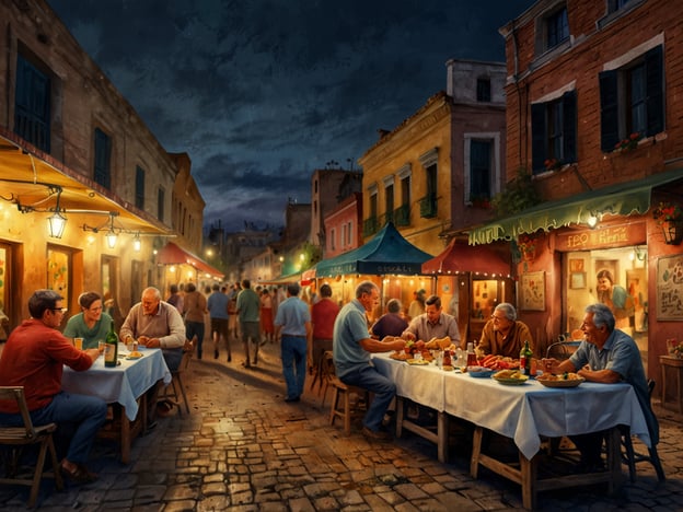 Auf dem Bild ist eine lebhafte Straßenszene bei Nacht zu sehen, in der sich Menschen in einem einladenden, festlichen Ambiente versammeln. Die schmalen Gassen sind gesäumt von gemütlichen Restaurants und Ständen, die mit bunten Markisen und Lichtern dekoriert sind.Kulturelle Highlights könnten regionale Feste oder kulinarische Veranstaltungen in einer mediterranen Stadt darstellen, wo das Zusammensein und das Teilen von Speisen eine zentrale Rolle spielen. Die Tische sind mit köstlichen Gerichten gedeckt, die typisch für die Region sein könnten, wie frische Meeresfrüchte, Pasta oder lokale Spezialitäten.Die Atmosphäre wirkt familiär und einladend, was auf die Tradition der Gastronomie und des sozialen Miteinanders in vielen Kulturen hinweist. Solche Szenen sind oft Ausdruck der regionalen Küche, die geprägt ist von frischen, saisonalen Zutaten und einem tiefen Bezug zur Heimat.
