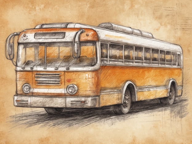 Ein stilisierter Shuttlebus in orange und weiß, mit einem runden Fahrzeugdesign und großen Fenstern. Der Bus steht leicht schräg dargestellt auf einer beige-gefärbten Hintergrundtextur. Die Zeichnung zeigt feine Details wie die Linse der Scheinwerfer und die Struktur der Reifen.
