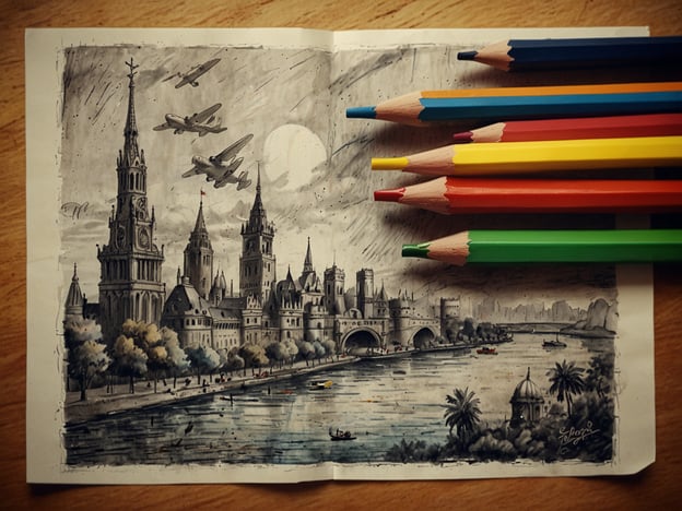 Auf dem Bild ist eine schwarz-weiße Zeichnung einer Stadtansicht zu sehen, die mit einigen farbigen Buntstiften umrahmt ist. Die Zeichnung zeigt eine architektonische Szenerie mit Türmen und Gebäuden, möglicherweise mit Anspielungen auf historische Elemente. Im Himmel fliegen mehrere Flugzeuge und es gibt eine Wasserfläche mit Booten.**Tipps für Deinen Besuch:**1. **Gründlich erkunden**: Nimm dir Zeit, die Details in der Zeichnung zu betrachten, um ein Gefühl für die Architektur und die Umgebung zu bekommen.2. **Farben hinzufügen**: Nutze die Buntstifte, um die Szenerie lebendiger zu gestalten und deine eigene künstlerische Note einzubringen.3. **Fotografieren**: Mache Fotos von deiner bearbeiteten Version, um deine Kreativität festzuhalten.4. **Entspanne dich**: Nutze die Zeit, um im künstlerischen Prozess zu entspannen und Spaß zu haben.