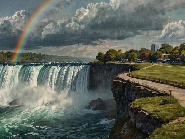 Auf dem Bild sind die beeindruckenden Niagarafälle zu sehen, die eine der bekanntesten Naturschönheiten Nordamerikas darstellen. Die Niagara-Fälle, bestehend aus den amerikanischen Fällen und den berühmteren kanadischen Fällen, sind für ihre gewaltige Wasserführung und atemberaubende Landschaft bekannt.In der Darstellung sieht man einen kräftigen Wasserfall, der mit großer Kraft in den Fluss darunter stürzt, während ein Regenbogen über der Szene zu sehen ist. Die Umgebung ist von üppiger Vegetation und einer Promenade gesäumt, die den Besuchern einen wunderbaren Blick auf dieses Naturwunder ermöglicht. Diese majestätischen Wasserfälle ziehen jedes Jahr Millionen von Touristen an und bieten ein spektakuläres Schauspiel, das oft mit dem Betrachten von Nebel und Lichtspielen verbunden ist.