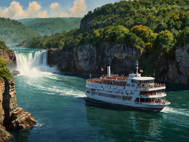 Auf dem Bild ist ein Ausflugsboot zu sehen, das auf dem Wasser in der Nähe der Niagarafälle fährt. Diese Bootsfahrten sind eine beliebte Aktivität für Touristen, um die beeindruckenden Wasserfälle aus nächster Nähe zu erleben. Passagiere können die Gischt und den kraftvollen Sound der Fälle spüren, während sie sich dem Wasserfall nähern.Rund um die Niagarafälle gibt es zahlreiche weitere Aktivitäten wie Wanderungen auf den umliegenden Trails, den Besuch von Aussichtspunkten oder das Erkunden des Freizeitparks "Clifton Hill". Neben den Bootstouren können Besucher auch die faszinierende Lichtshow am Abend genießen, bei der die Wasserfälle in bunten Farben illuminiert werden.