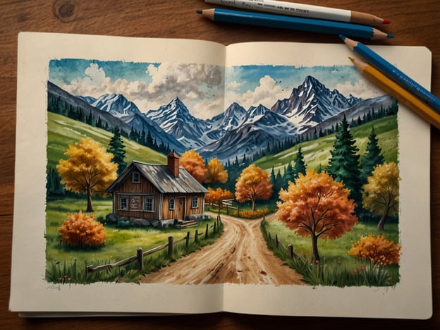 Auf dem Bild ist eine malerische Landschaftsdarstellung zu sehen, die eine rustikale Hütte in einer hügeligen Umgebung zeigt. Im Vordergrund verläuft ein beschotterter Weg, flankiert von bunten Bäumen, die herbstliche Farben wie Gelb, Orange und Rot zeigen. Im Hintergrund erheben sich majestätische Berge unter einem blauen Himmel mit einigen Wolken.Die besten Zeiten für einen Besuch dieser Art von Landschaft sind der Herbst, wenn die Farben der Blätter besonders intensiv sind, und der Frühling, wenn die Natur blüht und die Temperaturen angenehm sind. Auch der Sommer kann ideal sein, wenn man die Weite der Natur genießen möchte.