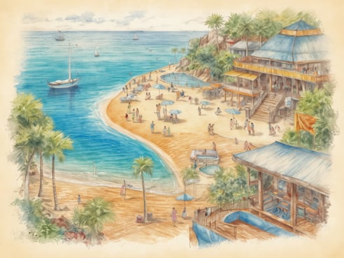 Ein idyllischer Strand mit feinem Sand und klar blauem Wasser ist zu sehen. Die Küste wird von Palmen gesäumt, während zahlreiche Menschen am Strand entspannen, sich sonnen und im Wasser spielen. Einige Urlauber liegen unter Sonnenschirmen, während andere aktiv schwimmen oder am Ufer spazieren. Im Hintergrund sind mehrere kleine Boote zu sehen, die sanft auf den Wellen schaukeln, und in der Ferne sind ein paar Segelboote zu erkennen. An der Strandpromenade stehen bunte Gebäude und eine Terrasse mit einem Pool, die zusammen eine einladende Urlaubsatmosphäre schaffen.