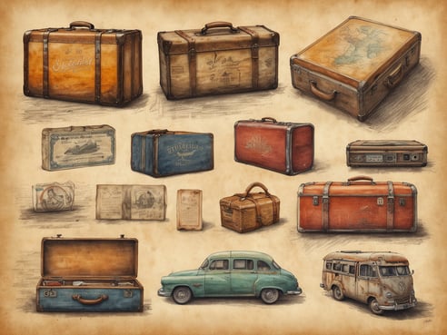 Eine Sammlung von verschiedenen alten Koffern und Taschen, die aus unterschiedlichen Materialien und in verschiedenen Farben bestehen. Einige Koffer sind geöffnet und zeigen den Innenraum, während andere geschlossen sind. Der Hintergrund hat eine rustikale, beige-bruine Farbgebung. Zusätzlich sind zwei alte Autos abgebildet, darunter ein grünes und ein rostiges Fahrzeug. Diese Gegenstände suggerieren Abenteuer und Reisen, ideal für ein Souvenir-Thema.