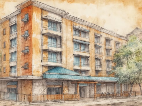 Ein modernes Stadthotel mit fünf Stockwerken ist abgebildet. Die Fassade ist in warmen Farben gehalten, mit einem Mix aus orange und beige. Der Eingangsbereich ist überdacht und hat einen blauen Dachvorsprung. Zum Teil aus Balkonverglasungen sind große Fenster sichtbar. Vor dem Hotel stehen Tische und Stühle, umgeben von Bäumen, die eine einladende Atmosphäre schaffen.