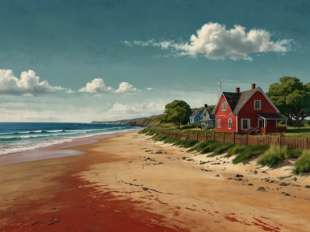 Das Bild zeigt eine malerische Küstenlandschaft, die typisch für Prince Edward Island ist. Die Szene präsentiert einen ruhigen Strand mit sanften Wellen, die an den Uferbereich schlagen.Im Vordergrund ist feiner, goldener Sand zu sehen, der in der Nähe des Wassers eine rötliche Färbung aufweist. Zur rechten Seite stehen einige charmante, rot gestrichene und blaue Häuser, umgeben von üppigem Grün und einem Holzlattenzaun. Die sanften Hügel im Hintergrund und die klaren, blauen Himmel mit einigen Wolken verleihen der Landschaft eine idyllische Atmosphäre. Prince Edward Island ist bekannt für seine atemberaubenden Küstenlinien, historischen Stätten und die oft als romantisch empfundene Kulisse, die typisch für die kanadische Maritime Region ist.