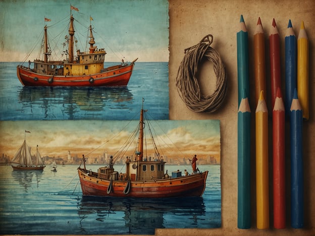 Auf dem Bild sind zwei farbenfrohe Illustrationen von Schiffe zu sehen, die typisch für maritime Kultur und Traditionen sind. Die oberen Bilder zeigen einen traditionellen Schlepper oder Fischereiboot, was auf die Bedeutung der Fischerei und des Schiffsverkehrs in vielen maritimen Gemeinschaften hinweist.Neben den Schiffsillustrationen liegen einige Buntstifte und ein Stück Schnur, was darauf hindeutet, dass diese Kunstwerke möglicherweise für künstlerische oder edukative Zwecke entworfen wurden. Solche Darstellungen sind oft ein Teil davon, wie maritime Traditionen an jüngere Generationen weitergegeben werden, indem Kinder ermutigt werden, die Schönheit und Geschichte der Schifffahrt zu erkunden.Die Farben und die Detailtreue der Bilder reflektieren die maritime Ästhetik und das Handwerk, welches eng mit der Kultur der Küstenregionen verbunden ist.