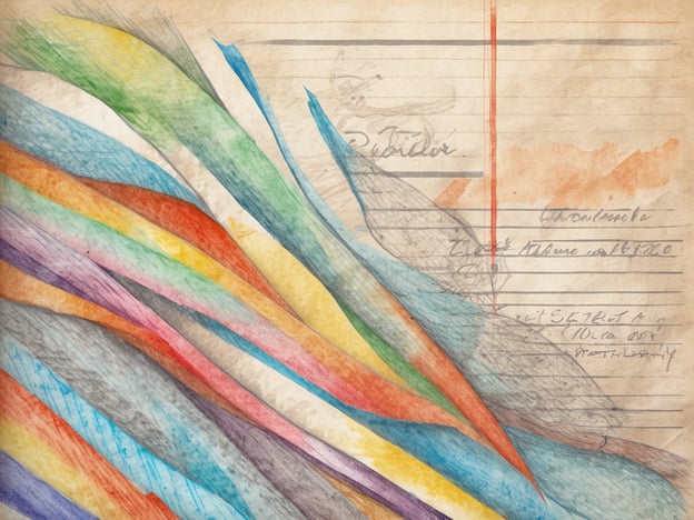 Auf dem Bild sind farbige, fließende Linien in verschiedenen Tönen zu sehen, die sich dynamisch über einen strukturierten Hintergrund erstrecken. Die Farben reichen von Blau über Grün, Gelb, Orange bis hin zu Violett und Rot, was zu einem lebhaften und kreativen Gesamteindruck führt. Im Hintergrund sind handschriftliche Notizen und Linien, die auf Papier entworfen wurden, sichtbar. Die Kombination aus Farbe und Schrift vermittelt einen künstlerischen Ausdruck und eine gewisse fluidität.