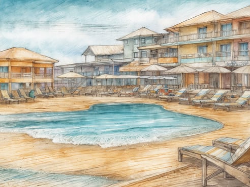 Ein malerisches Strandhotel mit mehreren Gebäuden in sanften Farben, die sich um einen kleinen Pool gruppieren. Vor dem Pool stehen Liegen mit bunten Auflagen und Sonnenschirmen. Der sandige Strand lädt zum Entspannen ein und das blaue Wasser des Pools wirkt einladend. Der Himmel ist leicht bewölkt, was eine ruhige Atmosphäre schafft.