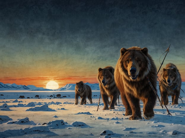 Auf dem Bild sind Bären in einer verschneiten Landschaft zu sehen, die sich auf einen Sonnenuntergang zubewegen. Dies könnte an die karge und faszinierende Natur erinnern, die auch für die Inuit-Kultur von großer Bedeutung ist.Die Inuit nutzen die Tierwelt, insbesondere Bären, häufig in ihren traditionellen Geschichten und Mythologien. Der Eisbär ist ein zentrales Symbol, das für Stärke und Überleben steht. Die Jagd auf Bären war für die Inuit nicht nur eine wichtige Nahrungsquelle, sondern auch ein Bestandteil ihrer kulturellen Praktiken und Spiritualität. Traditionelle Techniken und Respekt vor der Natur sind essenziell in der Inuit-Kultur, die stark mit ihrer Umgebung verbunden ist.Die Darstellung der Natur und ihrer Kreaturen spiegelt die Wertschätzung wider, die die Inuit für ihre Umwelt und die damit verbundenen Traditionen haben.
