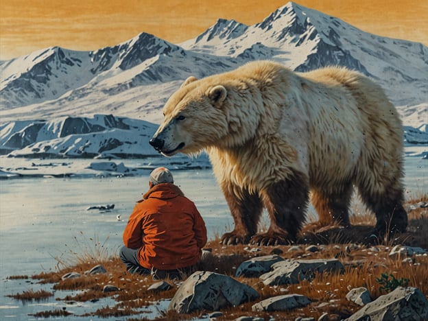 Auf dem Bild ist eine Person zu sehen, die auf dem Boden sitzt und einem großen weißen Bären gegenübersteht, umgeben von einer arktischen Landschaft mit Bergen und Wasser.In der Zukunft könnte die Arktis durch den Klimawandel drastische Veränderungen erleben. Das Schmelzen des Eises könnte neue Lebensräume für verschiedene Tierarten schaffen, während andere, wie der Eisbär, mit Lebensraumverlust und Nahrungsmangel konfrontiert sein könnten. Zudem könnten menschliche Aktivitäten, wie Ölexploration und Tourismus, zunehmen. Es ist wichtig, nachhaltige Strategien zu entwickeln, um sowohl die einzigartige Tierwelt als auch die Bedürfnisse der indigenen Bevölkerung zu schützen. Die Zusammenarbeit auf globaler Ebene wird entscheidend sein, um die Herausforderungen, die der Klimawandel mit sich bringt, erfolgreich zu bewältigen.
