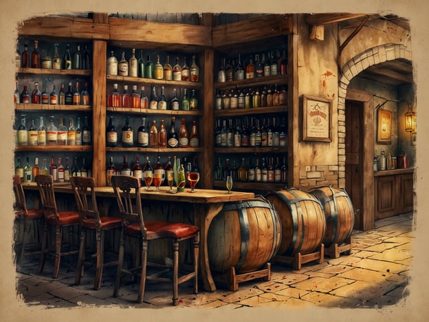 Auf dem Bild ist eine gemütliche Bar oder Gaststube zu sehen, die mit vielen Flaschen Alkohol und Getränken an der Wand dekoriert ist. Es gibt eine lange Holztheke mit einigen Gläsern, darunter wahrscheinlich Bier und Wein, was auf regionale Getränke hinweist.In dieser Art von Lokal finden sich häufig typische Speisen und Getränke der Region, wie zum Beispiel:- **Bier:** Besonders in Bierregionen ist eine große Auswahl an lokalen Biersorten zu erwarten.- **Wein:** In Weinbauregionen könnte eine Auswahl an regionalen Weinen präsentiert werden.- **Hausgemachte Schnäpse:** Oft werden auch hauseigene Spirituosen angeboten.- **Kleine Snacks:** Typische Beilagen sind Brezen, Wurst- oder Käseplatten.Diese Ambiente lädt ein, sich zu entspannen, typische lokale Getränke zu genießen und möglicherweise auch regionale Speisen zu probieren.