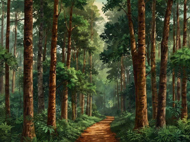 Auf dem Bild sind die majestätischen Wälder von British Columbia zu sehen. Dichte, grüne Bäume umgeben einen schmalen, sanften Weg, der durch die malerische Natur führt. Das Licht bricht sanft durch das Blätterdach und schafft eine friedliche, einladende Atmosphäre in dieser idyllischen Waldlandschaft.