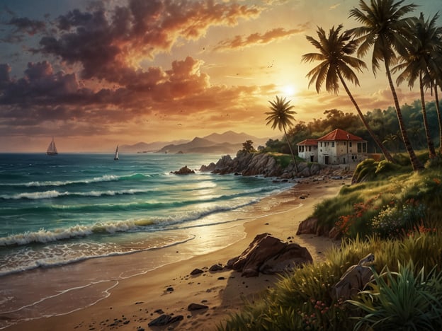 Auf dem Bild ist eine malerische Küstenlandschaft zu sehen. Im Vordergrund erstreckt sich ein Sandstrand mit sanften Wellen, die an die Küste rollen. Auf der linken Seite sind Segelboote auf dem Wasser zu erkennen. Im Hintergrund sieht man eine hügelige Landschaft, die von Palmen und bewaldeten Gebieten geprägt ist. Ein großes, charakteristisches Gebäude mit rotem Dach befindet sich am Strand, während die Sonne im Hintergrund untergeht und den Himmel in warmen Farben erleuchtet.Diese Szene erinnert an die natürliche Schönheit und die entspannte Atmosphäre, die man in Regionen wie Newfoundland und Labrador erleben kann, wo atemberaubende Küstenlandschaften und unberührte Natur typisch sind.