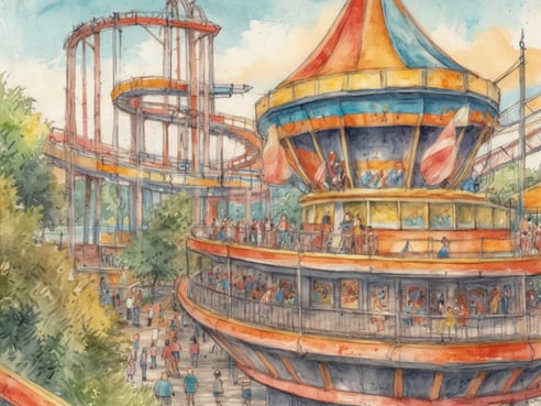 Eine lebhafte Freizeitpark-Szene mit einem bunter Karussell, das von zahlreichen Besuchern umgeben ist. Im Hintergrund ist eine aufregende Achterbahn mit mehreren Schleifen zu sehen. Die Atmosphäre ist dynamisch, mit Menschen, die Spaß haben und die Attraktionen genießen. Grüne Bäume und ein klarer Himmel ergänzen das Bild und verleihen der Umgebung eine einladende Atmosphäre.
