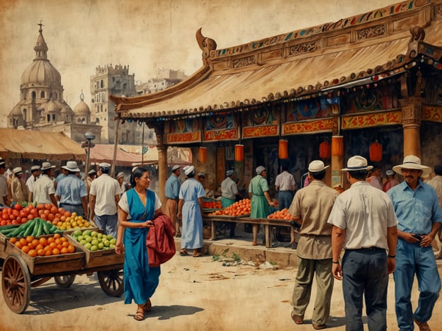 Auf dem Bild ist ein lebendiger Marktplatz zu sehen, der von einer bunten Auswahl an frischem Obst und Gemüse geprägt ist. Solche Märkte sind zentrale Orte in vielen Kulturen, an denen Menschen nicht nur Lebensmittel kaufen, sondern auch soziale Kontakte pflegen und sich austauschen.
Die Person im Vordergrund, die in traditioneller Kleidung aus einer blauen Robe und mit einem roten Umhang geht, spiegelt die kulturelle Vielfalt und die Bedeutung von Traditionen in vielen Gemeinschaften wider. Auch die Männer im Bild tragen typische Kleidung, was einen Einblick in die lokale Lebensweise gibt.
Im Hintergrund sind architektonische Elemente zu erkennen, die möglicherweise von kolonialer oder historischer Bedeutung zeugen. Solche Gebäude sind oft Zeugen der Geschichte einer Stadt und von den Einflüssen, die im Laufe der Zeit auf die Kultur gewirkt haben.
Die Szene vermittelt ein Gefühl der Gemeinschaft, in dem der Marktbetrieb und das tägliche Leben miteinander verknüpft sind. Märkte sind oft auch Orte des kulturellen Austausches, wo Traditionen lebendig gehalten und neue Ideen geboren werden.