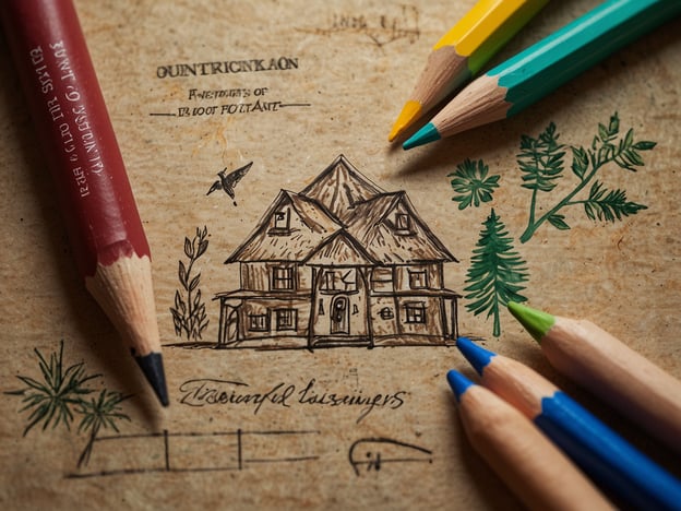 Auf dem Bild ist eine handgezeichnete Illustration eines Hauses zu sehen, umgeben von verschiedenen Pflanzen und Bäumen. Diese Darstellung kann Herausforderungen des Umweltschutzes widerspiegeln, indem sie darauf hinweist, wie wichtig eine harmonische Koexistenz zwischen Natur und menschlichem Wohnraum ist.
In der heutigen Zeit stehen wir vor der Herausforderung, unseren Lebensstil nachhaltig zu gestalten und die Umwelt zu schützen. Die Abbildung könnte ein Beispiel dafür sein, wie wir durch architektonische Gestaltung und kreative Ansätze die Natur bewahren können. Indem wir umweltfreundliche Materialien nutzen und naturnahe Baustile fördern, können wir die Auswirkungen unserer Bauweise auf die Umwelt minimieren.
Die bunten Bleistifte neben der Zeichnung stehen symbolisch für die Kreativität, die notwendig ist, um neue Lösungen und Konzepte im Umweltschutz zu entwickeln.