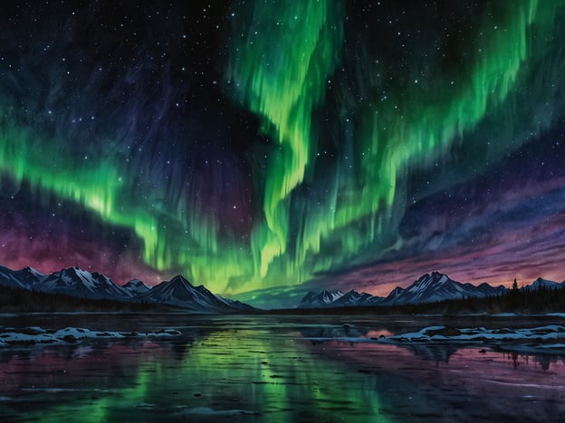 Das Bild zeigt ein atemberaubendes Naturschauspiel – die Polarlichter. Diese Lichter, auch Auroras genannt, entstehen durch die Wechselwirkung von Sonnenwindpartikeln mit der Erdatmosphäre. In den polaren Regionen zeigt sich dieses Phänomen oft in Form von schimmernden, lebhaften Farben wie Grün, Blau und Purpur, die über den Nachthimmel tanzen.Im Vordergrund des Bildes ist eine ruhige Wasseroberfläche zu sehen, die die wunderschönen Farben der Lichter reflexartig aufnimmt. Im Hintergrund erheben sich majestätische Berge unter einem sternenklaren Himmel, was die gesamte Szene noch eindrucksvoller macht. Die Polarlichter sind ein faszinierendes Erlebnis für viele, die sich in den hohen nördlichen und südlichen Breiten aufhalten.