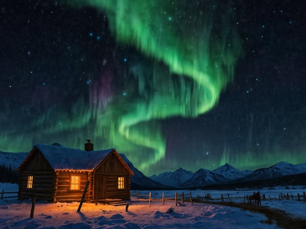 Auf dem Bild ist eine beeindruckende Szenerie mit einem Haus zu sehen, das von schneebedeckten Landschaften umgeben ist. Über dem Haus tanzen die Polarlichter in leuchtenden Grün- und Violetttönen am Nachthimmel. Diese Aufnahme vermittelt ein Gefühl von Ruhe und Naturschönheit.Die beste Reisezeit, um Polarlichter zu beobachten, ist in der Regel von September bis April, wobei die Monate Oktober bis März oft die besten Chancen bieten, die Lichter zu sehen, insbesondere in höheren Breitengraden wie Norwegen, Schweden, Finnland oder Island.