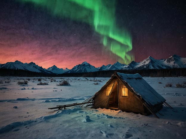 Auf dem Bild sind beeindruckende Polarlichter zu sehen, die den Nachthimmel mit grünen und lila Farben erleuchten. Im Vordergrund steht eine gemütliche Hütte, umgeben von einer winterlichen Landschaft mit Schnee und Bergen.Während der Polarlichter-Saison können Besucher zahlreiche Aktivitäten unternehmen, wie:1. **Polarlichter beobachten**: Am besten an einem dunklen Ort, fernab von künstlichem Licht.2. **Schneewanderungen**: Erkundungen in der winterlichen Natur, um die Landschaft zu genießen.3. **Eisangeln**: Eine entspannende Aktivität auf gefrorenen Seen.4. **Hundeschlittenfahrten**: Ein aufregendes Erlebnis in der winterlichen Wildnis.5. **Fotografie**: Die atemberaubenden Lichter und Landschaften festhalten.Diese Aktivitäten bieten eine wunderbare Möglichkeit, die Magie der Polarlichter hautnah zu erleben.