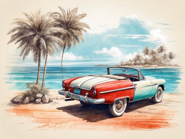 Auf dem Bild ist ein klassisches Cabrio zu sehen, das am Strand parkt, umgeben von Palmen und dem ruhigen Wasser des Ozeans. Besucher könnten folgende Attraktionen und Aktivitäten genießen:1. **Strandspaziergänge**: Genießen Sie einen entspannten Spaziergang entlang des Sandstrandes und lassen Sie sich vom Rauschen der Wellen begleiten.2. **Wassersport**: Probieren Sie Aktivitäten wie Schnorcheln, Windsurfen oder Jetski fahren in den klaren Gewässern.3. **Picknick am Strand**: Packen Sie ein Picknick und genießen Sie die Aussicht und das Wetter unter den Palmen.4. **Fototour**: Nutzen Sie die malerische Kulisse für schöne Fotos von Ihren Erinnerungen.5. **Fischerei**: Verbringen Sie einen Tag beim Angeln in der Nähe der Küste.6. **Erkundungstouren**: Mieten Sie ein Boot, um nahegelegene Inseln oder versteckte Buchten zu erkunden.Diese Aktivitäten machen den Strand zu einem perfekten Ziel für Erholung und Abenteuer.