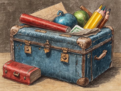 Eine alte, blaue Reisekoffer steht auf einem Tisch. Der Koffer ist mit verschiedenen Gegenständen gefüllt, darunter ein roler Zylinder, ein grüner Ball, eine blaue Kugel, Buntstifte in gelb und anderen Farben sowie einige Blätter Papier. Neben dem Hauptkoffer liegt ein kleiner roter Koffer. Der Hintergrund ist schlicht und trägt zur Fokussierung auf die Koffer und deren Inhalt bei.