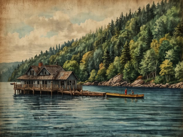 Auf dem Bild ist ein malerisches Haus auf einem Steg zu sehen, umgeben von Bäumen und Wasser. Es hat eine ruhige, entspannende Atmosphäre, die an die Landschaft der Great Lakes erinnert. Hier sind einige Reisetipps für diese Region:1. **Besuchen Sie die Nationalparks**: Der Apostle Islands National Lakeshore oder der Pictured Rocks National Lakeshore bieten atemberaubende Ausblicke und Wanderwege.2. **Wassersportaktivitäten**: Nutzen Sie die Möglichkeit zum Kajakfahren oder Stand-Up-Paddleboarding, um die Seen aus nächster Nähe zu erkunden.3. **Fischen und Bootfahren**: Angeln oder Bootsfahrten sind beliebte Aktivitäten. Informieren Sie sich über lokale Angelmöglichkeiten.4. **Probieren Sie die lokale Küche**: Genießen Sie frische Fischgerichte in örtlichen Restaurants, die die Spezialitäten der Region anbieten.5. **Erkunden Sie die kleinen Städte**: Besuchen Sie charmante Küstenstädte wie Traverse City oder Bayfield, wo Sie lokale Geschäfte und Kunsthandwerk entdecken können.Diese Tipps werden Ihre Reise zu den Great Lakes bereichern!