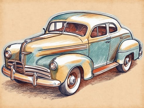 Ein klassisches Auto in sanften Blau- und Gelbtönen auf einem beige Hintergrund. Das Fahrzeug hat einen geschwungenen Karosseriestil und eine besondere Frontpartie mit auffällig gestalteten Scheinwerfern. Die Fenster sind farbig akzentuiert, und das Auto wirkt nostalgisch und charmant, als wäre es aus einer vergangenen Zeit. Ideal für eine Urlaubsreise oder einen Ausflug.
