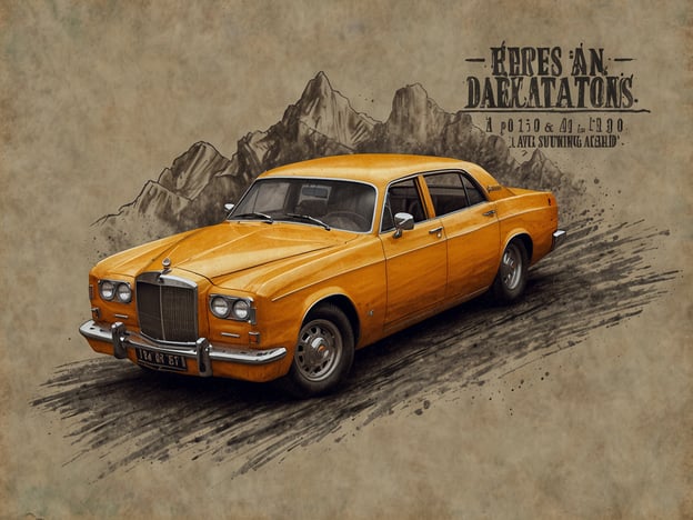 Auf dem Bild ist ein auffällig gelbes Auto zu sehen, das an einen klassischen Wagen erinnert. Das Auto hat eine elegante Form und könnte aus der Mitte des 20. Jahrhunderts stammen. Im Hintergrund sind einige stilisierte Berge abgebildet, was dem Bild eine abenteuerliche Note verleiht.Fazit: Dein Abenteuer wartet.