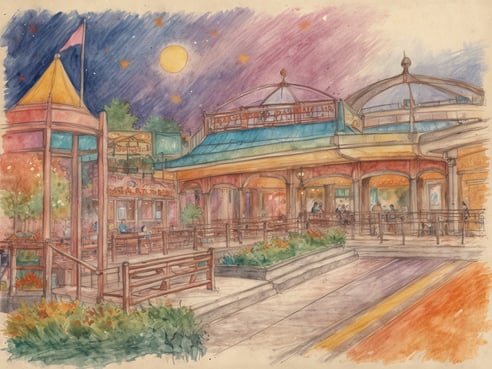 Eine farbenfrohe Aquarellzeichnung eines Abendambientes in einem Freizeitbereich. Im Vordergrund sind mehrere Holzbänke und Blumenbeete zu sehen. Links steht ein Pagodenartiger Bau mit rot-gelber Markise und einer Fahne, während rechts ein großes Gebäude mit einem blauen Dach und bunten Lichtern abgebildet ist. Menschen sitzen im Freien, und der Himmel ist mit einem großen Mond und funkelnden Sternen geschmückt, was eine nostalgische und einladende Stimmung erzeugt.
