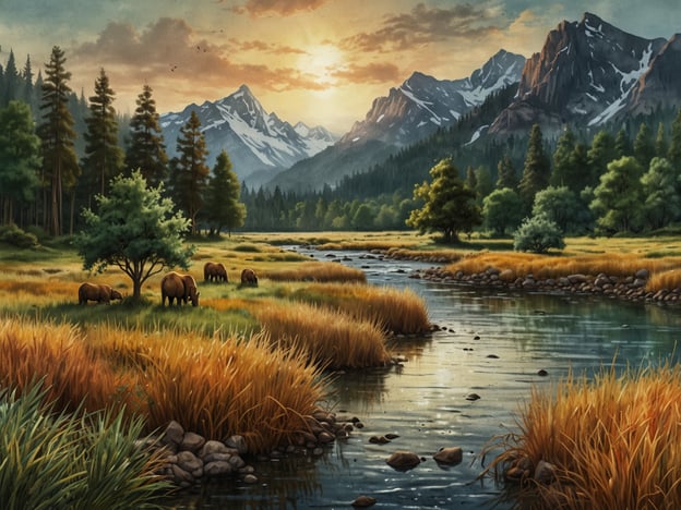 Auf dem Bild ist eine malerische Landschaft zu sehen, die eine harmonische Verbindung zwischen verschiedenen Elementen der Natur zeigt. Die majestätischen Berge im Hintergrund, der Fluss, der sich durch das grüne Wiesengebiet schlängelt, und die Tiere, die friedlich grasen, unterstreichen die Schönheit der Natur.Um den Schutz und Erhalt des Ökosystems zu fördern, ist es wichtig, solche unberührten Landschaften zu bewahren und verantwortungsvoll mit unseren natürlichen Ressourcen umzugehen. Der Erhalt von Lebensräumen und die Förderung der Biodiversität sind entscheidend, um diesen idyllischen Zustand auch für zukünftige Generationen zu sichern.